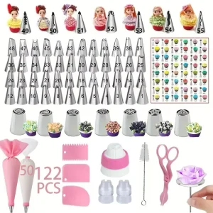 122-Piece Pink Cake Decorating Kit- 62 Piping Tips, Scrapers and Tools for Buttercream Flowers, Cakes, and Cupcakes DIY Cupcakes Baking Set