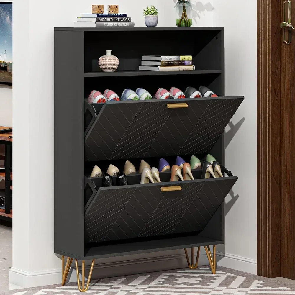 Shoe Storage Cabinet- Shoe Rack with Storage- Top Cubby- Narrow Hidden Organizer with Doors