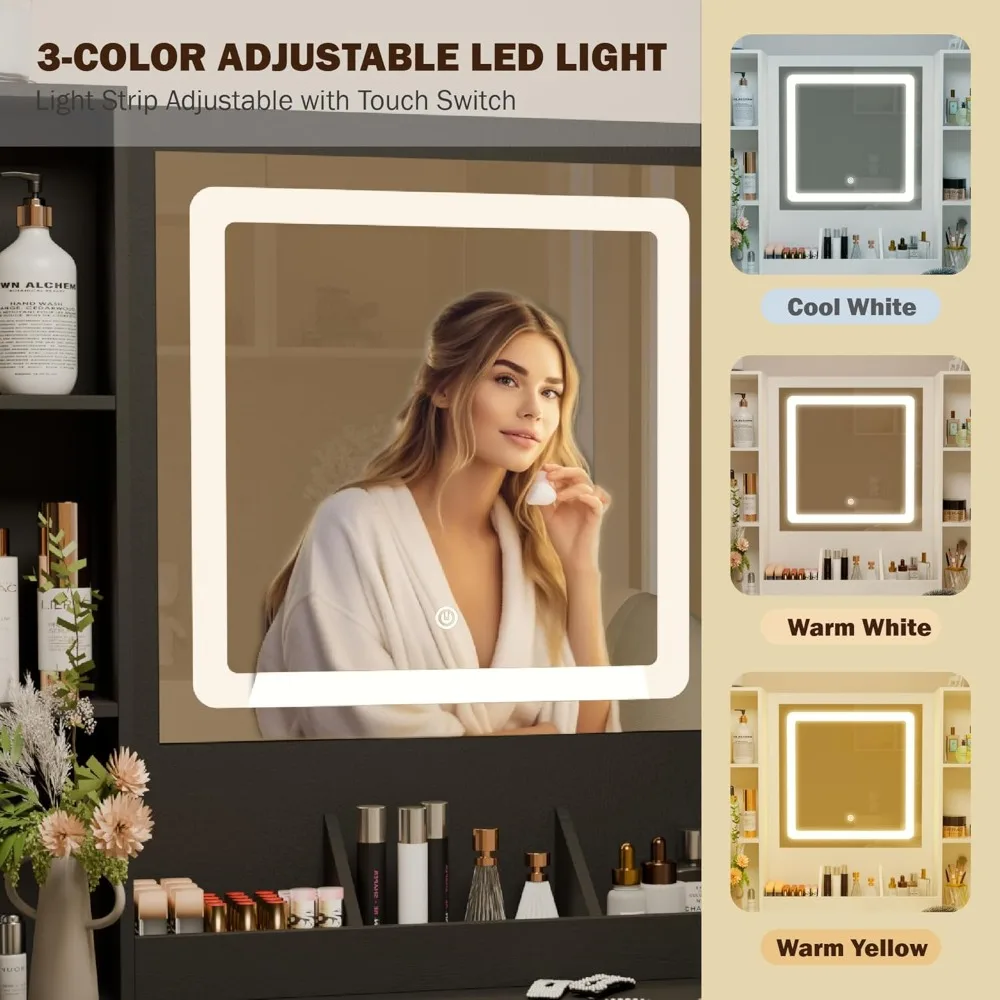 Small Wood Vanity with Mirror and Lights- White or Black- Stool - Image 3