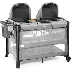 Twin Bedside Bassinet for Babies- Convertible to Bedside Sleeper and Playpen- Wheel- Brake- Foldable Side Sleeper