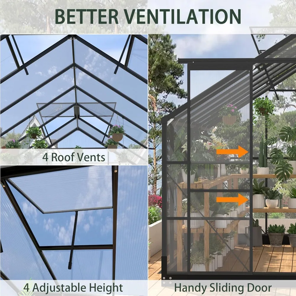 8x16 FT Polycarbonate Greenhouses- Adjustable Roof Vents- Walk-in Aluminum Frame Greenhouse - Image 5