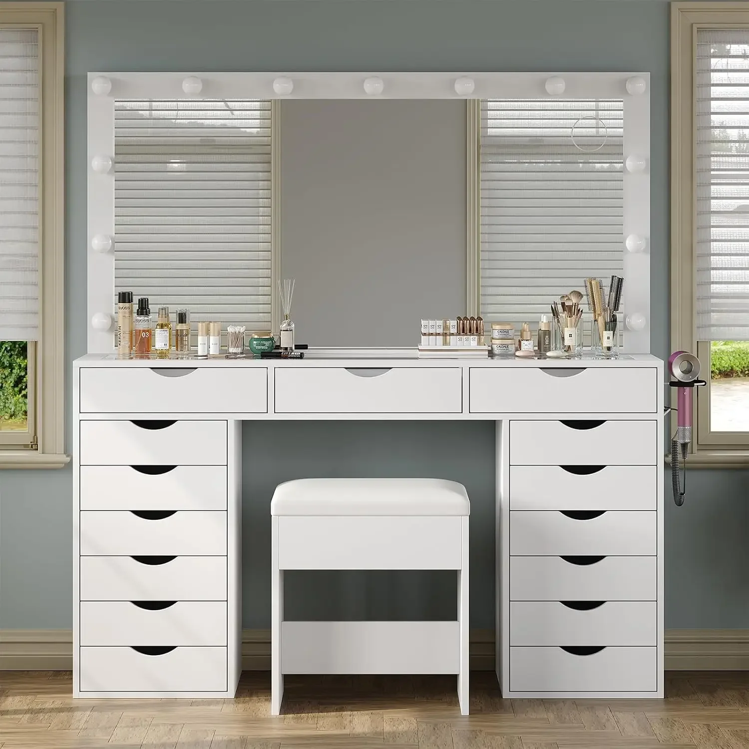 Vanity Desk with Mirror and Lights- Charging Station- 3-Color Lighting Modes- 15 Drawers and Stool