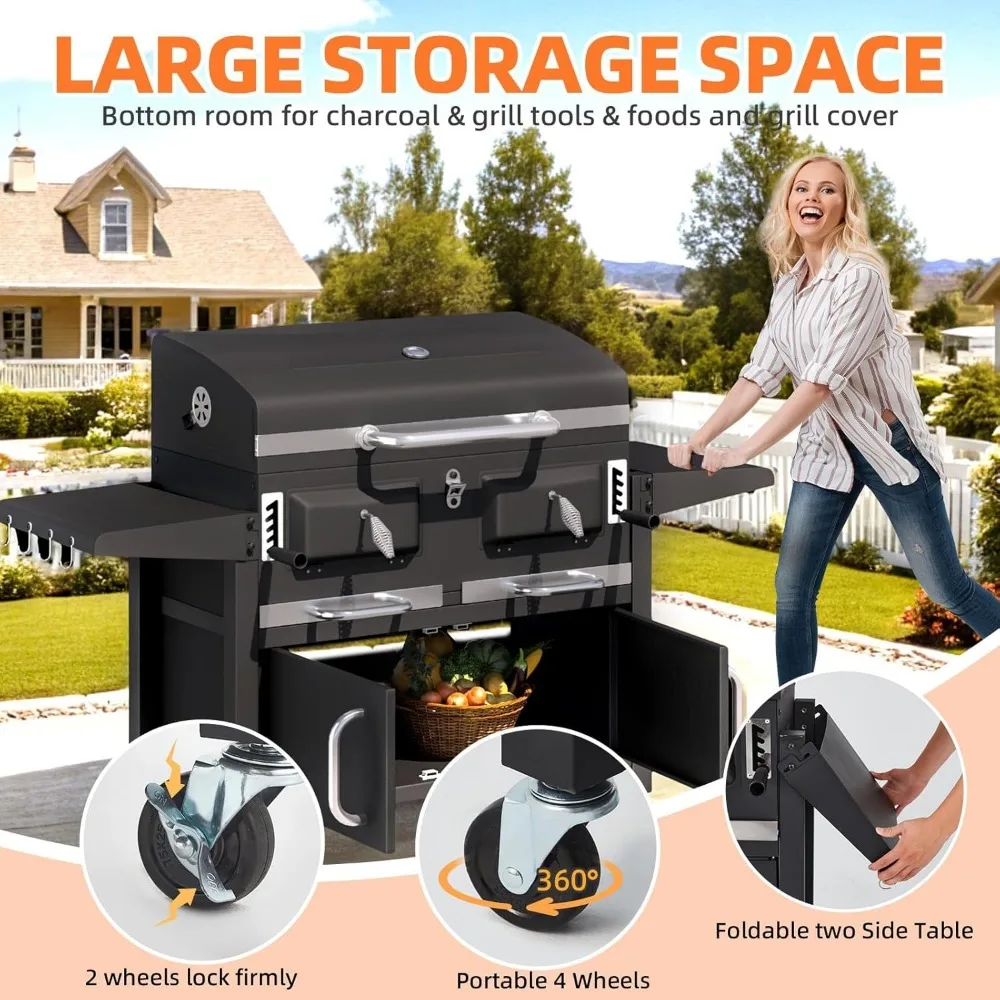36-In Extra-Large Charcoal Grill - 620 Sq.In Oversized BBQ Area- Thermometer- Individual Lifting Charcoal Trays- Storage - Image 3