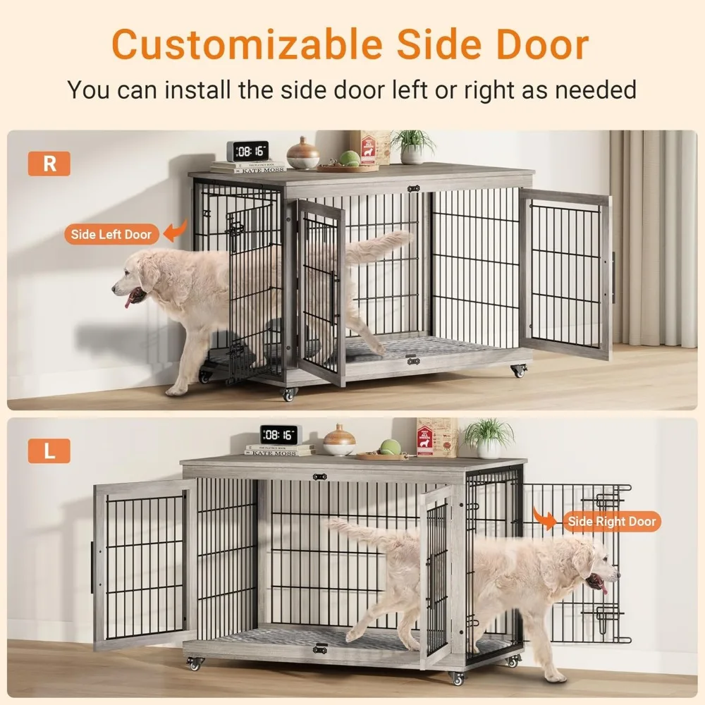 Dog Crate Furniture- XL Wooden Dog Kennel- Indoors- Double-Doors- 44'' Heavy-Duty Crate with Cushion & Wheels - Image 3