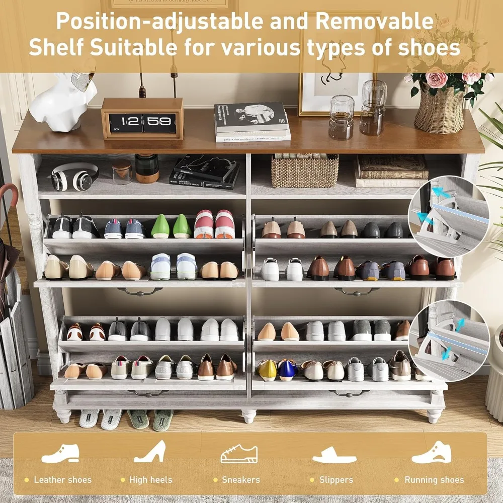 Large Shoe Cabinet with 4 Flip Drawers- Farmhouse Shoe Organizer- 2 Open Storage Shelves - Image 3