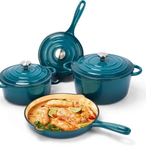7-Piece Enamel Cast Iron Set- Sauce Pan- Skillet- Dutch Oven Set- 3 Colors