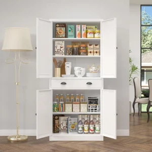 71” Food Pantry/ Storage Cabinet- White Metal Kitchen Cupboard with Doors and Adjustable Shelves