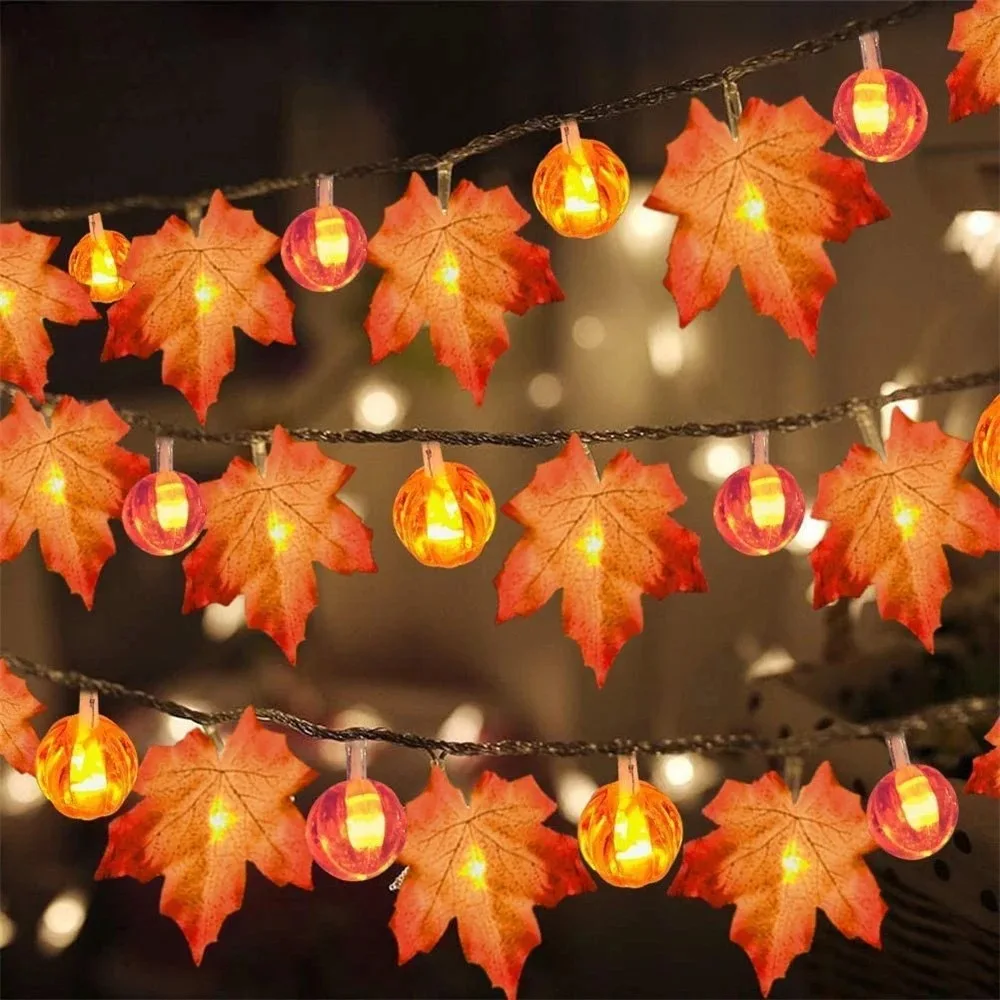 Halloween Pumpkin Maple Leaf String Lights- Artificial Autumn Leaves- LED Light String- Fall Decor - Image 8