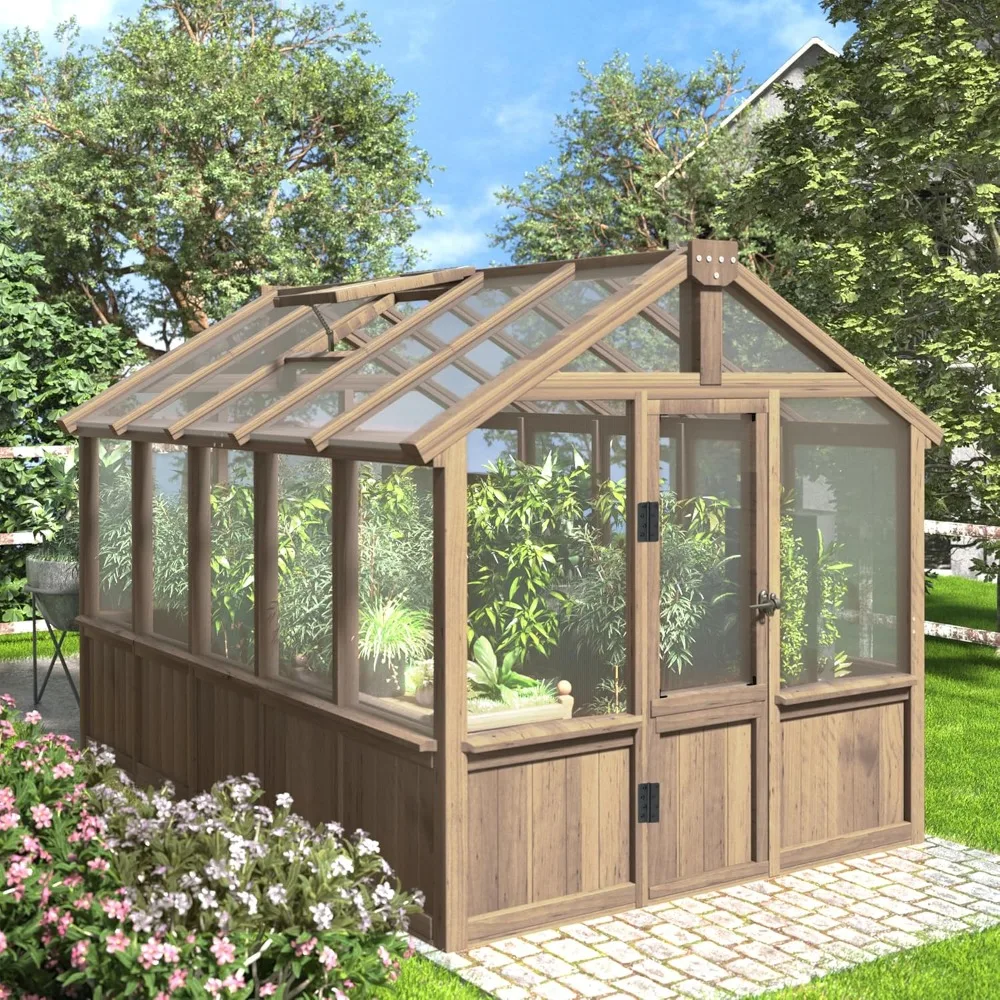 6' x10' Wood Greenhouse- Lockable Door- Cedar Frame- Adjustable Vent- 6MM Thick Polycarbonate Panels