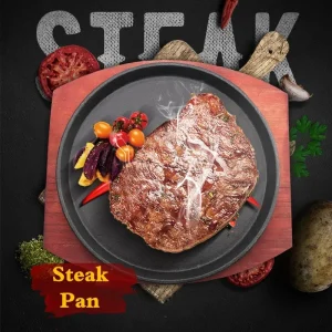 Cast Iron Roasting Steak Pan- Non Stick- Frying Pan With Wooden Holder