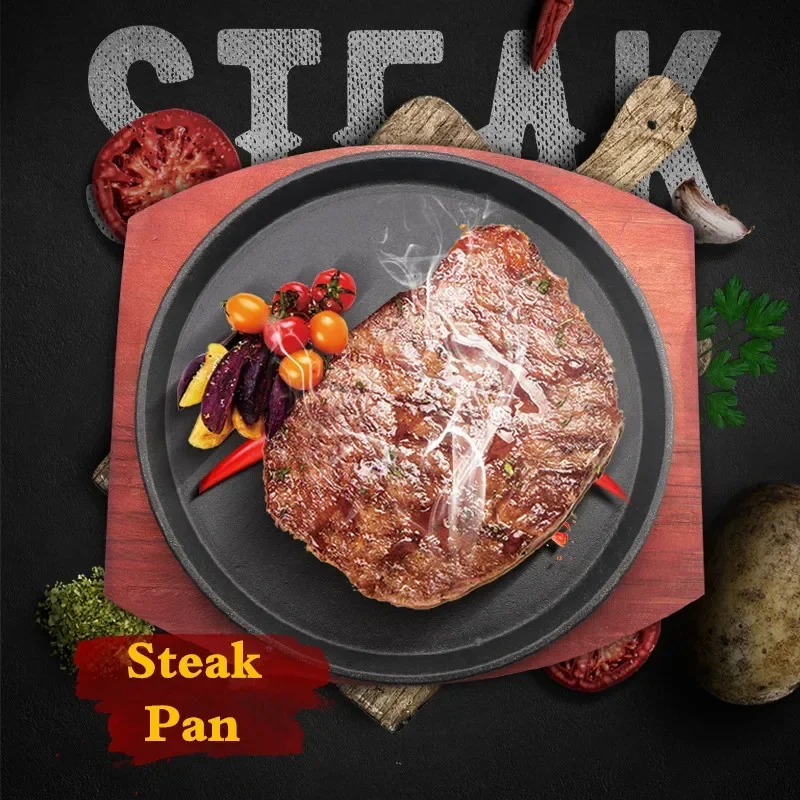 Cast Iron Roasting Steak Pan- Non Stick- Frying Pan With Wooden Holder