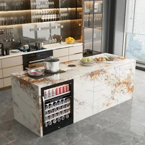 Natural Marble, Kitchen Island- Storage and Wine Cooler- Customizable Luxury Cabinet- Waterproof Countertop