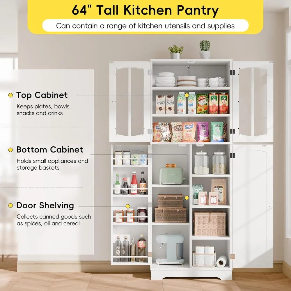 64" Kitchen Pantry Cabinet- Tall Storage Cabinet- Glass Doors- Adjustable Shelves - Image 5