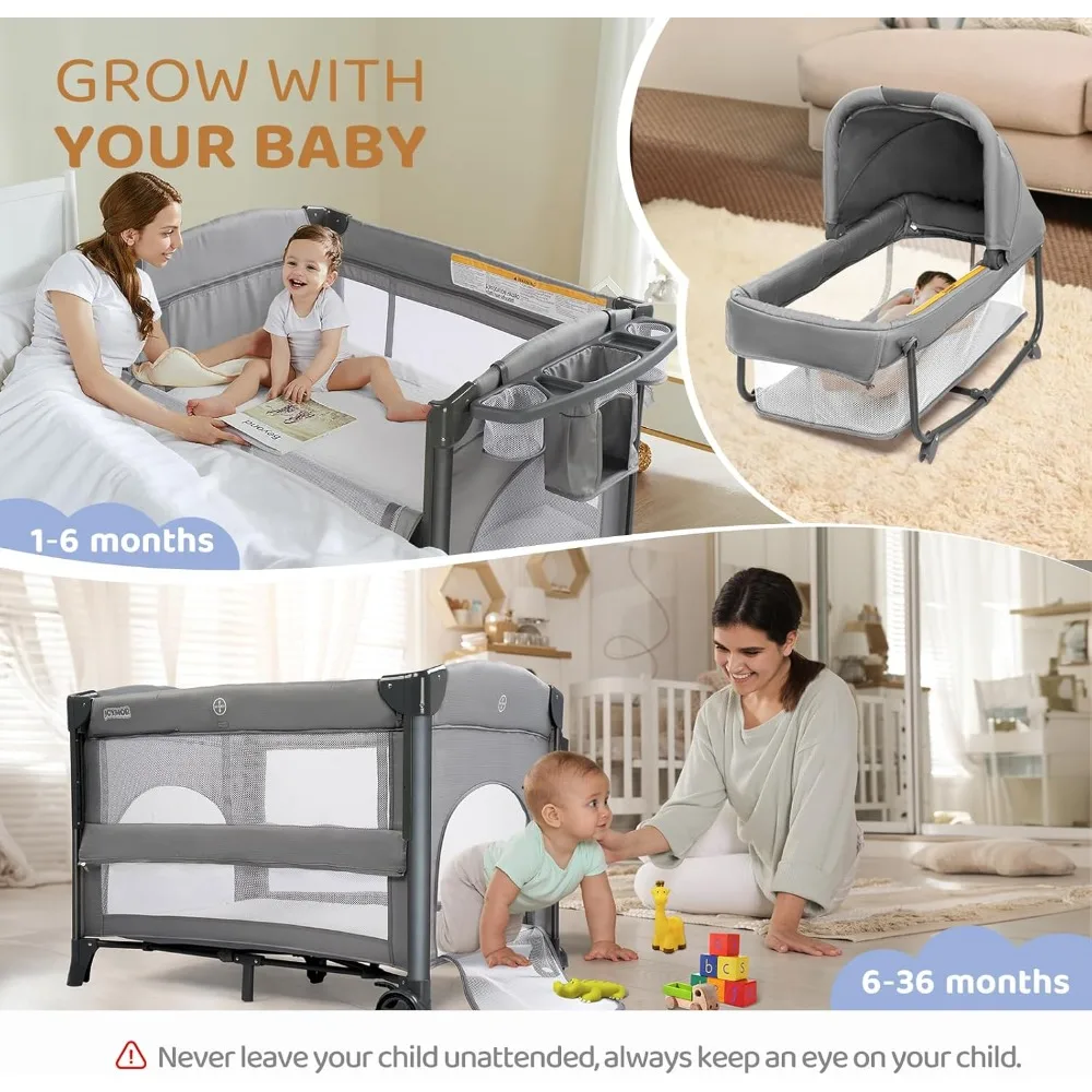 Twin Bedside Bassinet for Babies- Convertible to Bedside Sleeper and Playpen- Wheel- Brake- Foldable Side Sleeper - Image 6