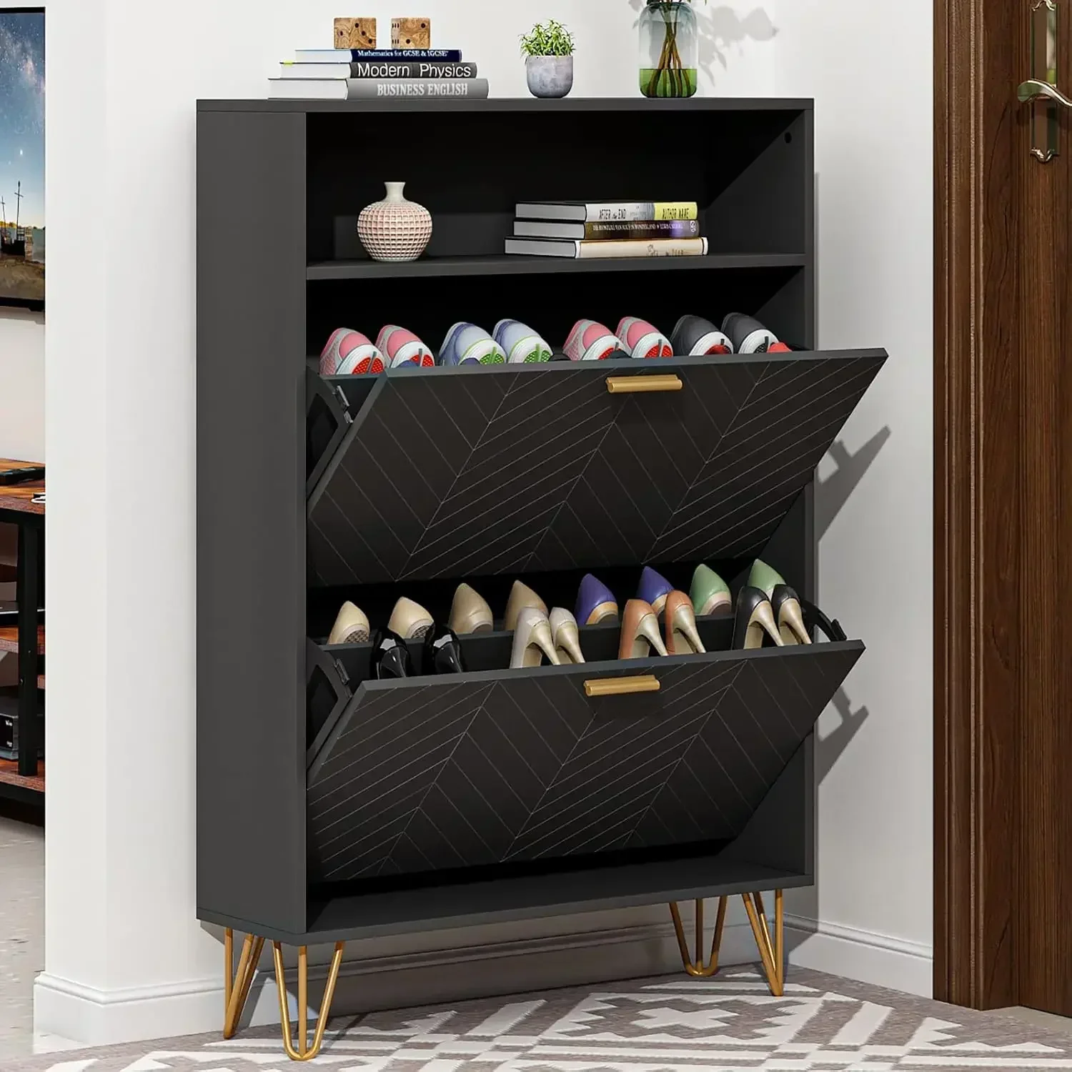 Shoe Storage Cabinet- Shoe Rack with Storage- Top Cubby- Narrow Hidden Organizer with Doors - Image 7