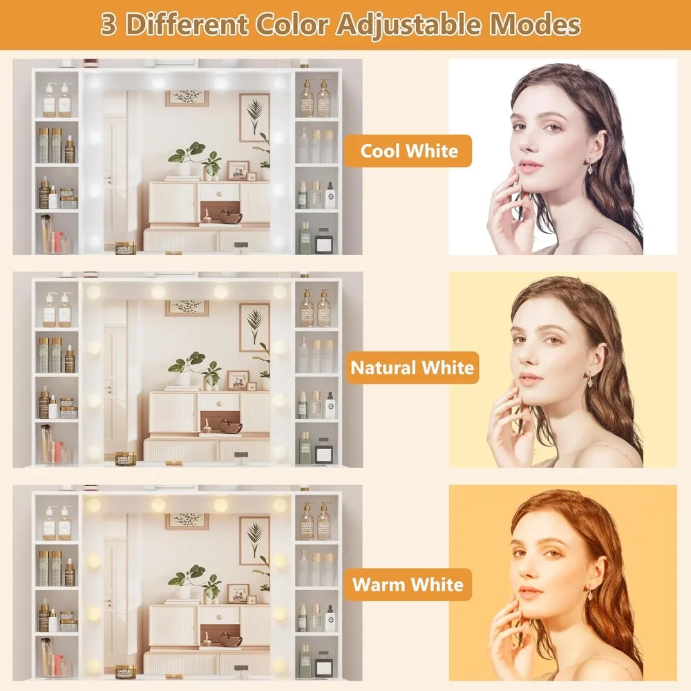 White Vanity Desk with Mirror and Lights- Glass-Top Vanity with Lighted Mirror- 3 Drawers - Image 5