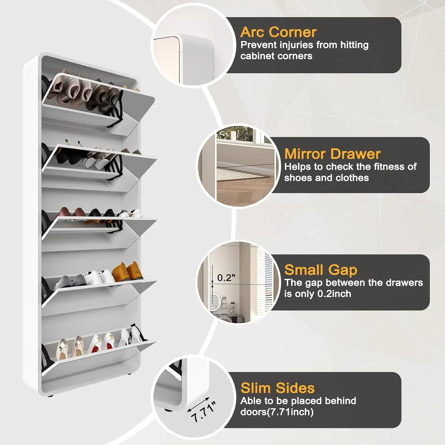 Mirror Shoe Cabinet- 5 FILP Drawers- Free-standing Shoe Rack - Image 5