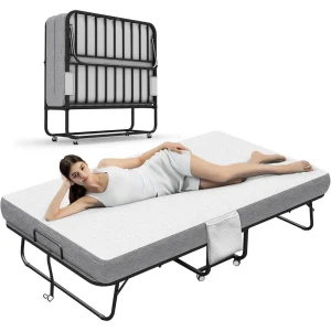 Large Folding Bed with Memory Foam Mattress- 75‘’x 46‘’ -Roll-Away Bed for Guests- Extra-Wide; Comfortable Sleep