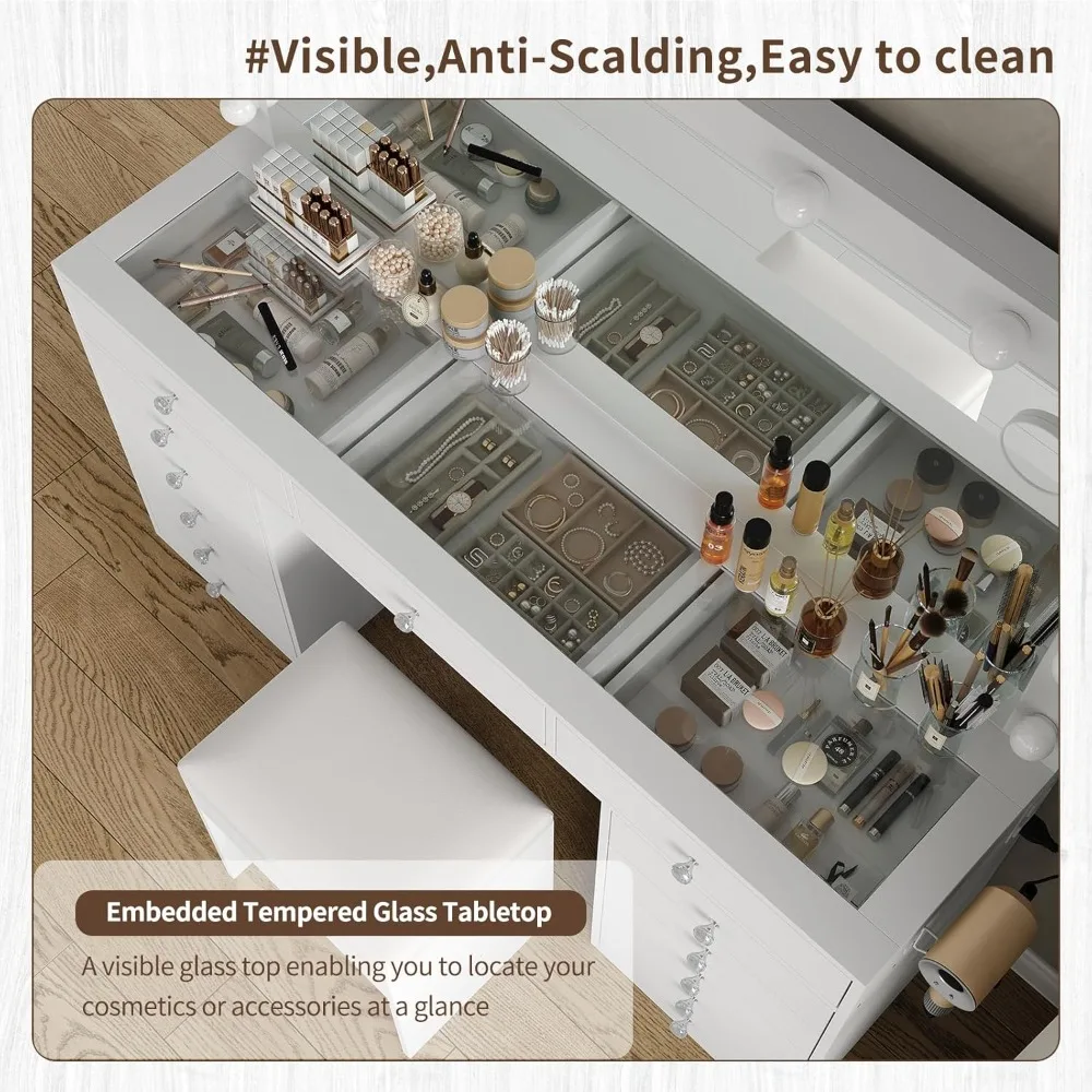 55'' W Makeup/ Vanity Desk- Power Outlet- Lighted Mirror-13-Drawers, Glass Top- 3 Lighting Modes - Image 5