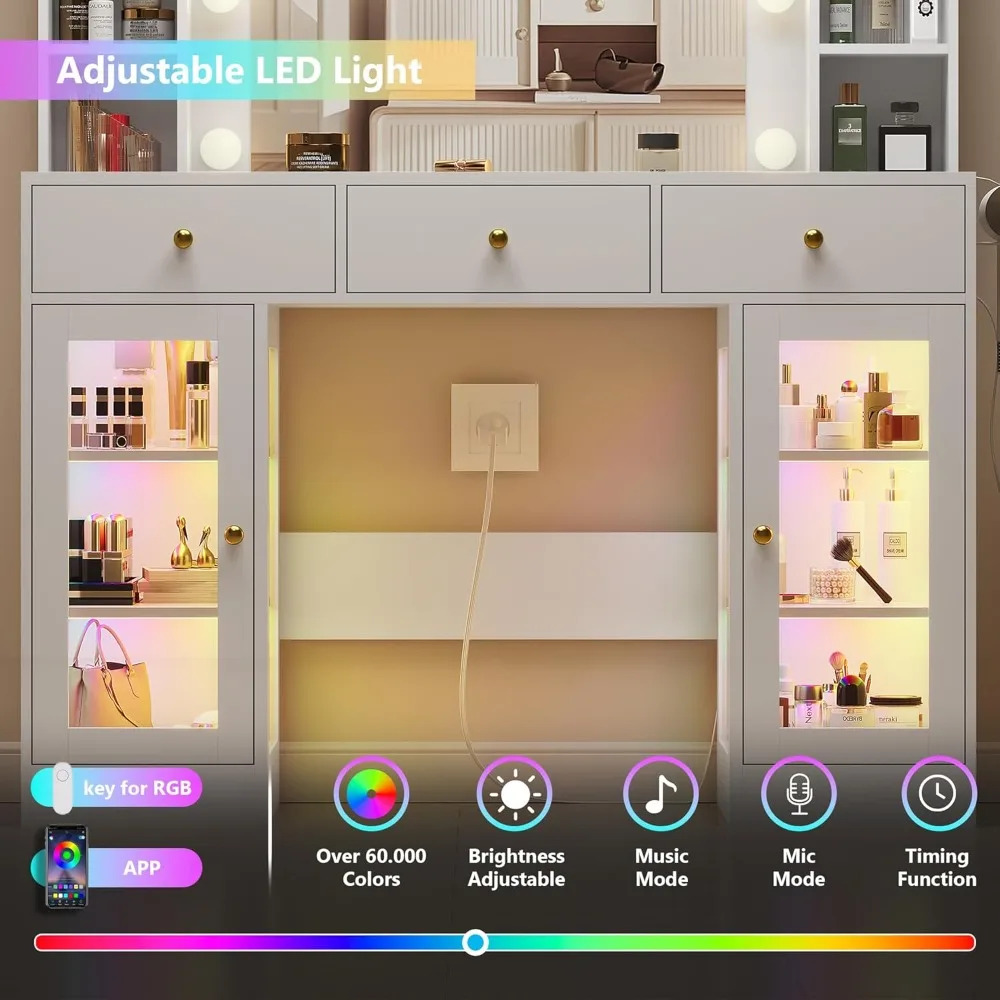 White Vanity Desk with Mirror and Lights- Glass-Top Vanity with Lighted Mirror- 3 Drawers - Image 6