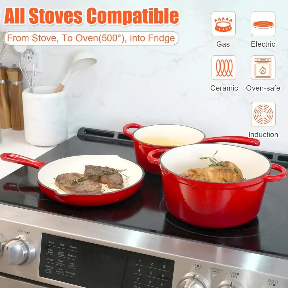 Nonstick, Enameled Cast Iron Cookware Set- 5-Pcs- Frying Pan/Skillet (No Lid)- Saucepan with Lid- Healthy Round Dutch Oven with Lid - Image 6