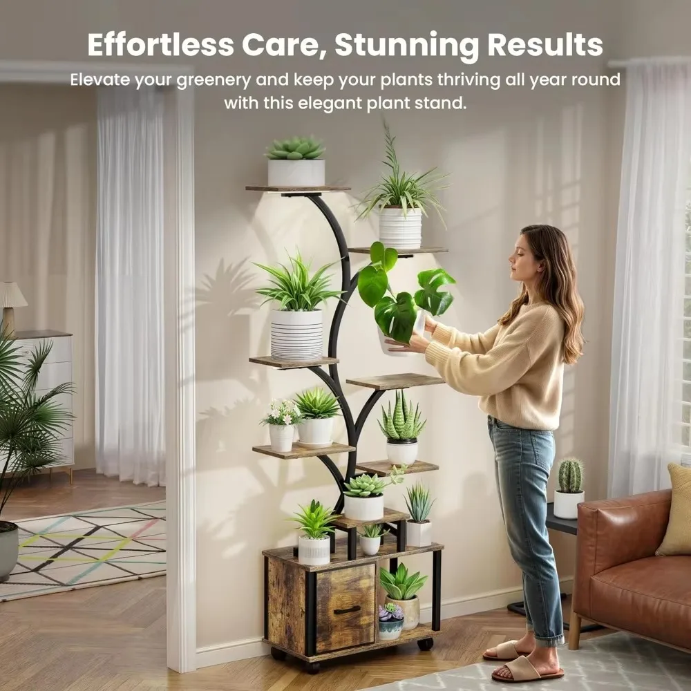 65" Indoor Plant Stand with Grow Lights- Metal Plant Stand- Wheels- Drawer- Home Decor - Image 2