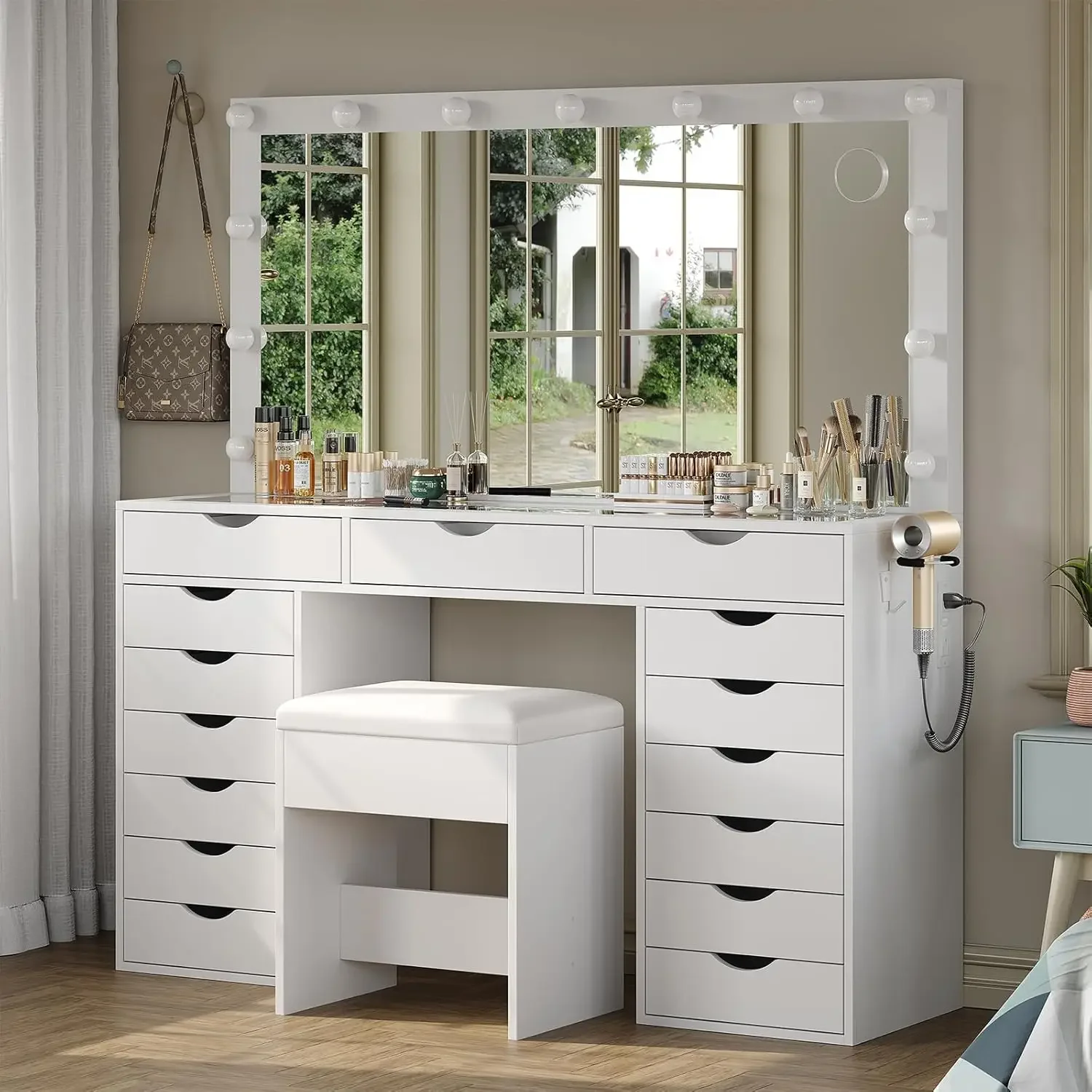 Vanity Desk with Mirror and Lights- Charging Station- 3-Color Lighting Modes- 15 Drawers and Stool - Image 3