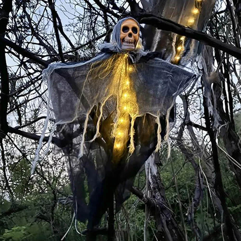 1PCS Halloween Skeleton Ghost Decoration- Ghost with LED String Lights for Outdoor Use in Gardens