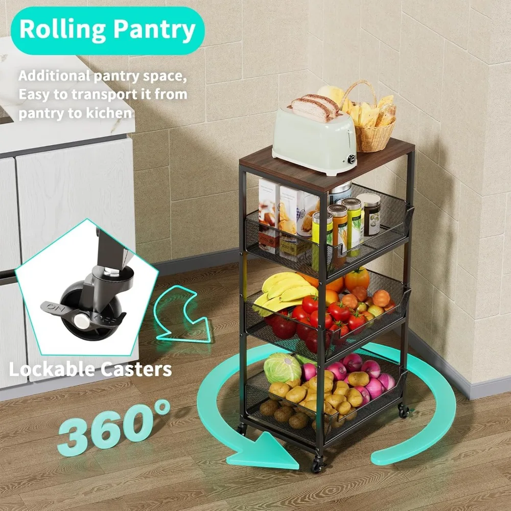 4-Tier Rolling Storage Cart- Wheels- Kitchen Fruit/ Vegetable Cart- Wood Top - Image 4