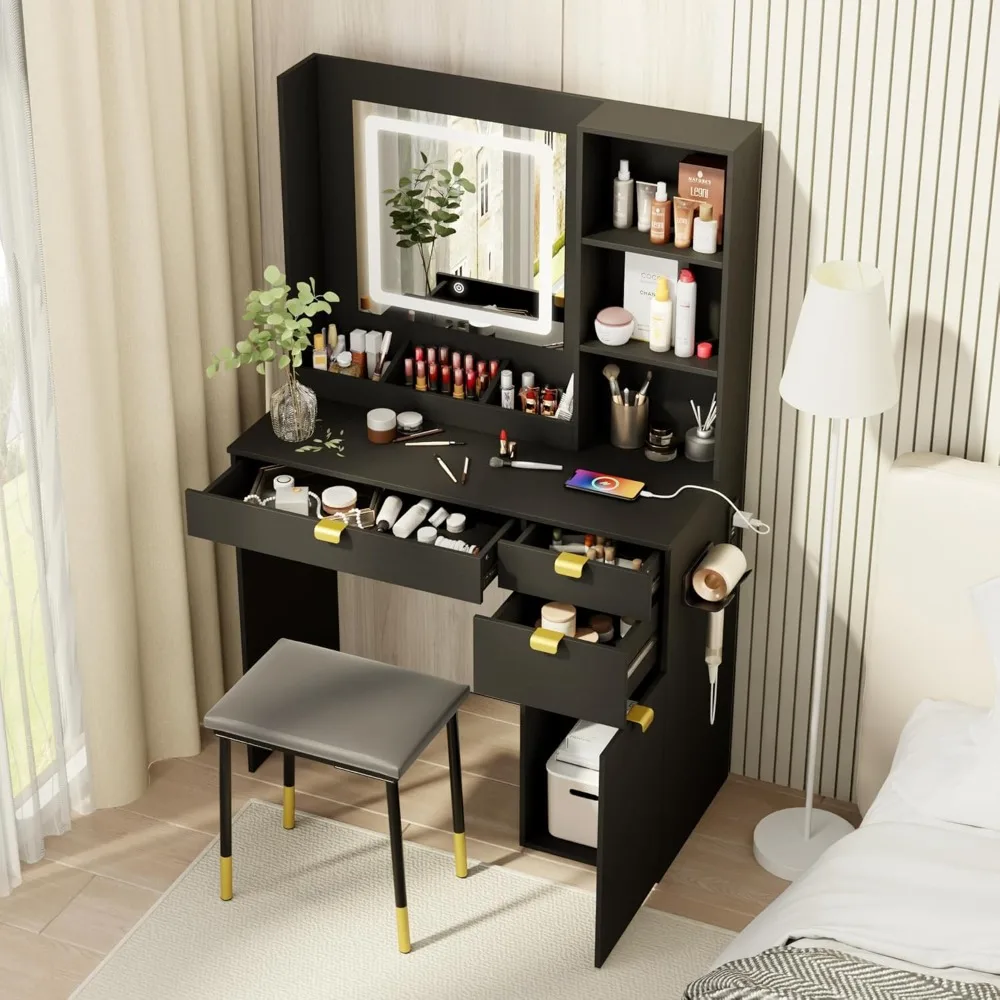 Small Wood Vanity with Mirror and Lights- White or Black- Stool - Image 4