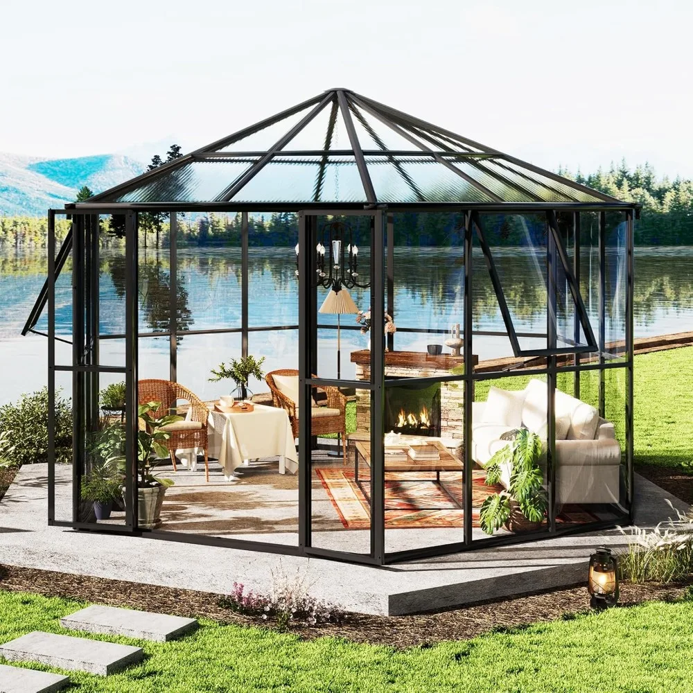 12x10x8 FT Hexagonal Hybrid, Polycarbonate Greenhouse/Sunroom- Quick-Connect Assembly- Aluminum Frame with Ventilation