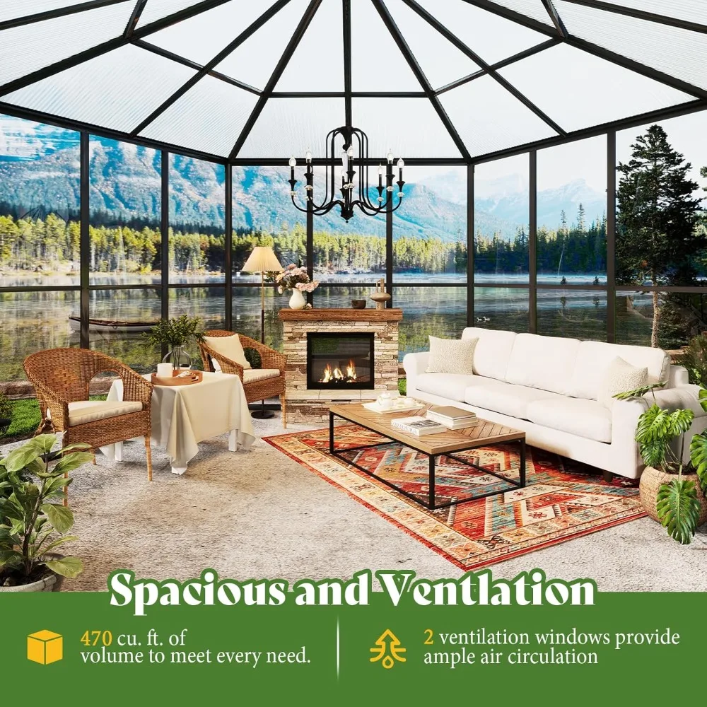 12x10x8 FT Hexagonal Hybrid, Polycarbonate Greenhouse/Sunroom- Quick-Connect Assembly- Aluminum Frame with Ventilation - Image 4