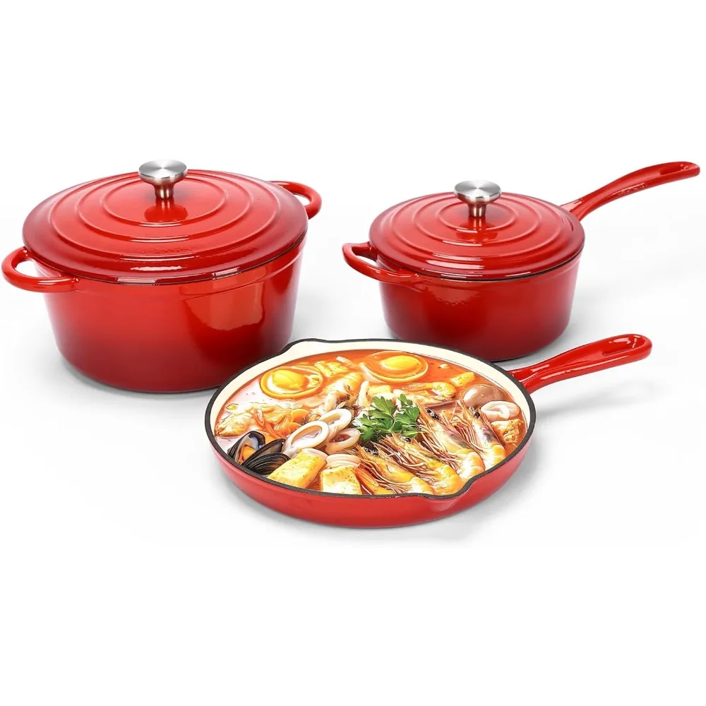Nonstick, Enameled Cast Iron Cookware Set- 5-Pcs- Frying Pan/Skillet (No Lid)- Saucepan with Lid- Healthy Round Dutch Oven with Lid
