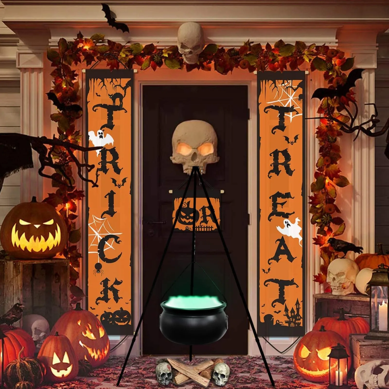 Halloween Decor- Large Witch Cauldron on Tripod with Lights - Image 3