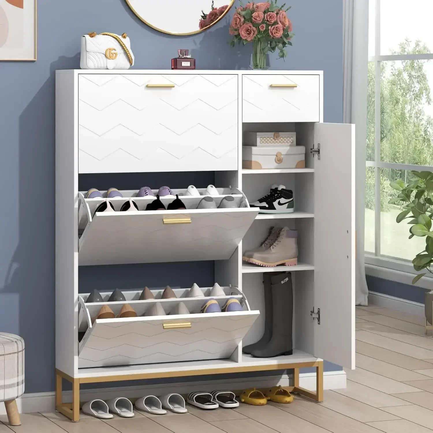 Shoe Storage Cabinet- Shoe Rack with Storage- Top Cubby- Narrow Hidden Organizer with Doors - Image 10