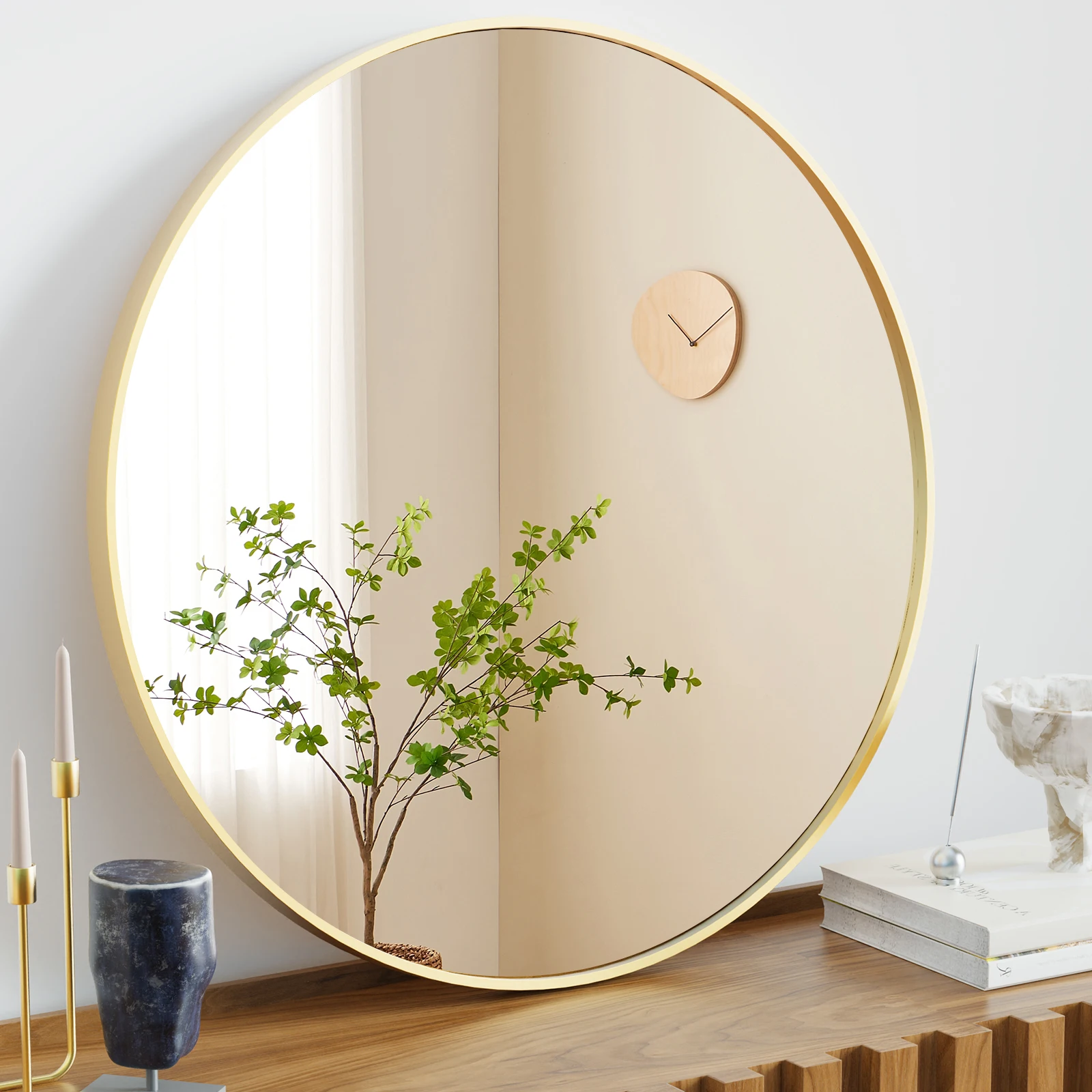 Large Gold or Black-Framed Mirror for Wall- Matte Metal- Framed 20, 24, 30 inch Tempered Glass Mirror
