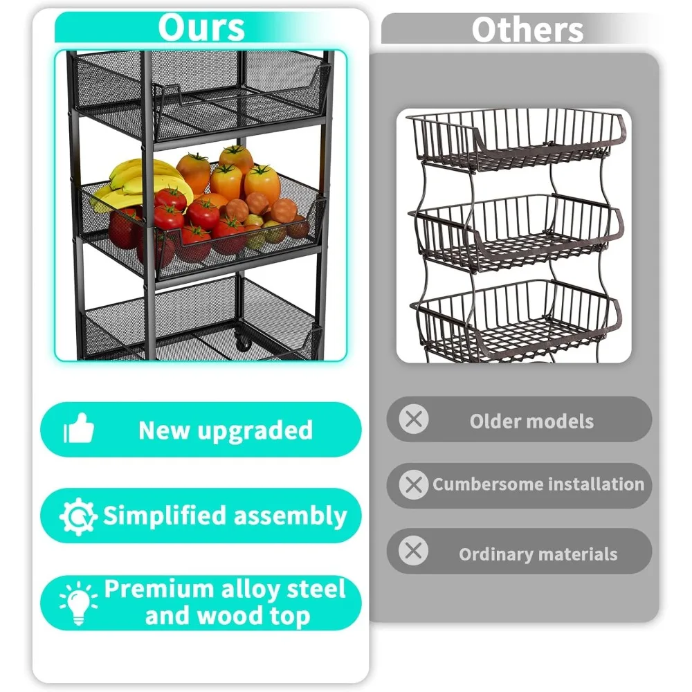 4-Tier Rolling Storage Cart- Wheels- Kitchen Fruit/ Vegetable Cart- Wood Top - Image 3