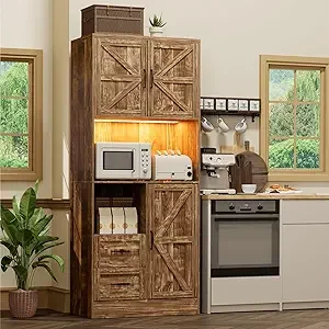 Kitchen Pantry/ Storage Cabinet- Microwave Stand- Coffee Bar Cabinet with Wine Rack- Glass Holder - Image 7
