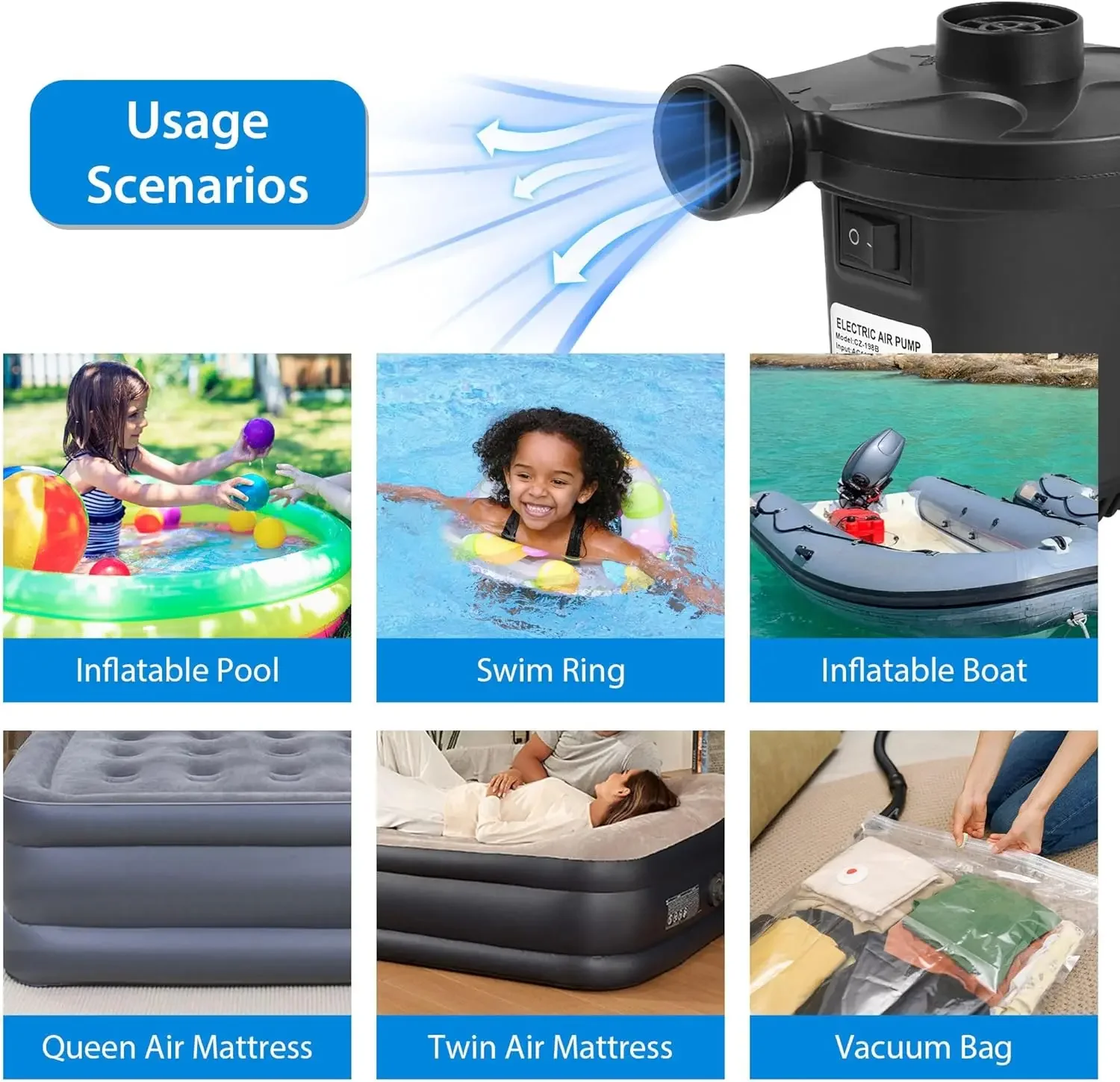 50W Electric Air Pump with 3 Nozzles -Quick 5000PA Air Pump Inflator/ Deflator- for Air Mattress Beds- Pool Toys- Raft - Image 3