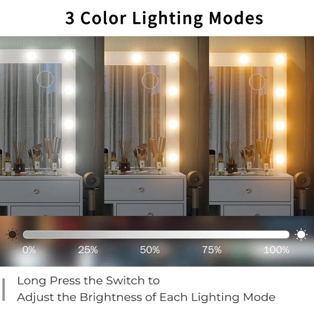 55'' W Makeup/ Vanity Desk- Power Outlet- Lighted Mirror-13-Drawers, Glass Top- 3 Lighting Modes - Image 4