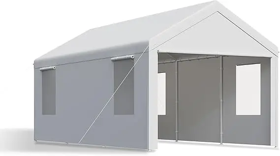 10x20 ft Grey, Heavy-duty Carport with Roll-up Windows- Portable Garage with Removable Side Walls & Doors - Image 7