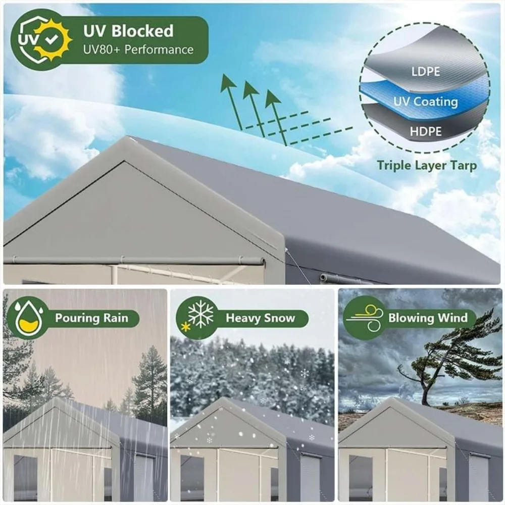 10x20 ft Grey, Heavy-duty Carport with Roll-up Windows- Portable Garage with Removable Side Walls & Doors - Image 3
