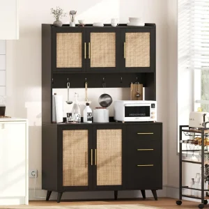 70.9" Kitchen Pantry/ Cabinet with Microwave Shelf- Rattan Freestanding Storage Cabinet with Charging Station- Natural, or Black and Natural