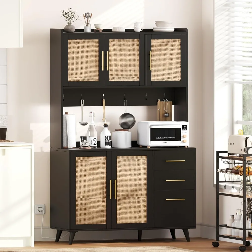 70.9" Kitchen Pantry/ Cabinet with Microwave Shelf- Rattan Freestanding Storage Cabinet with Charging Station- Natural, or Black and Natural