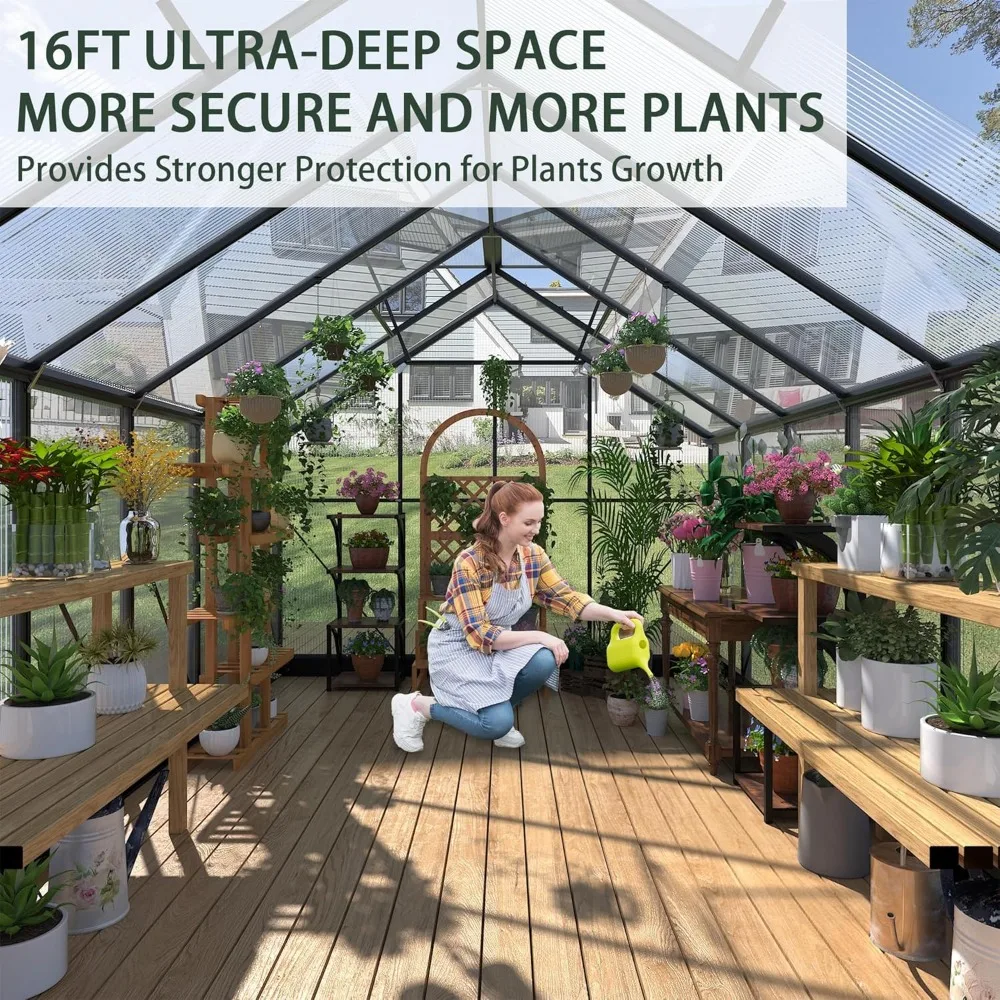 8x16 FT Polycarbonate Greenhouses- Adjustable Roof Vents- Walk-in Aluminum Frame Greenhouse - Image 4