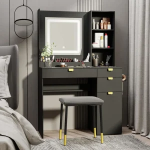 Small Wood Vanity with Mirror and Lights- White or Black- Stool