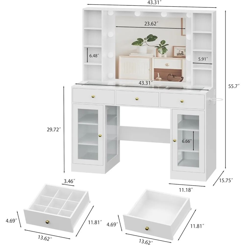 White Vanity Desk with Mirror and Lights- Glass-Top Vanity with Lighted Mirror- 3 Drawers - Image 2
