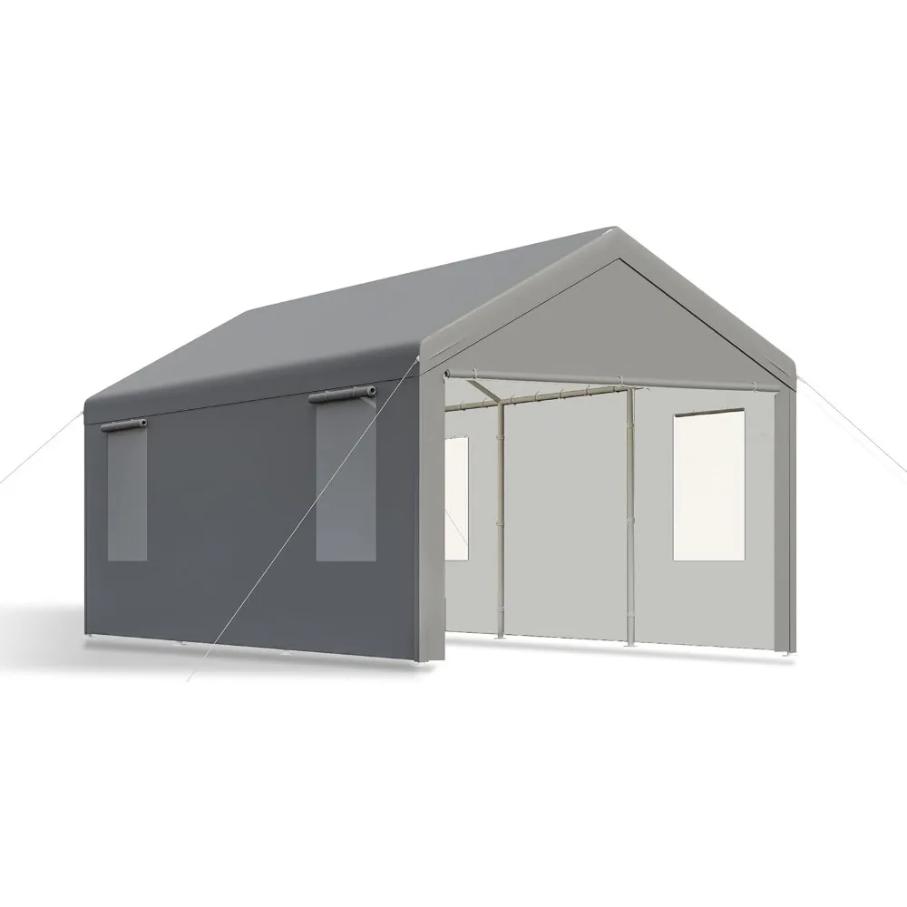 10x20 ft Grey, Heavy-duty Carport with Roll-up Windows- Portable Garage with Removable Side Walls & Doors