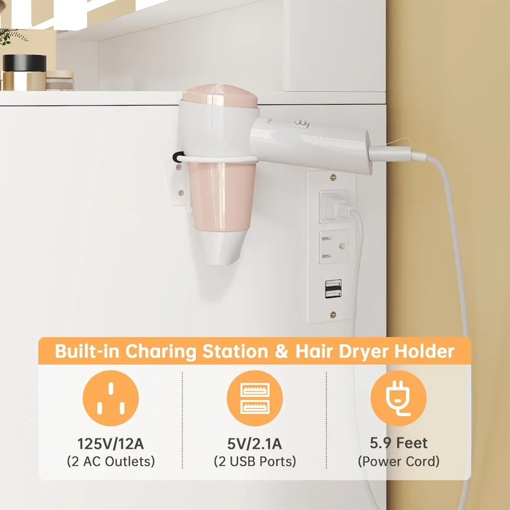 Vanity Desk with Mirror and Lights- 7 Drawers- Tri-Folding Mirror- 3 Colors Lighting- Stool with Storage - Image 5