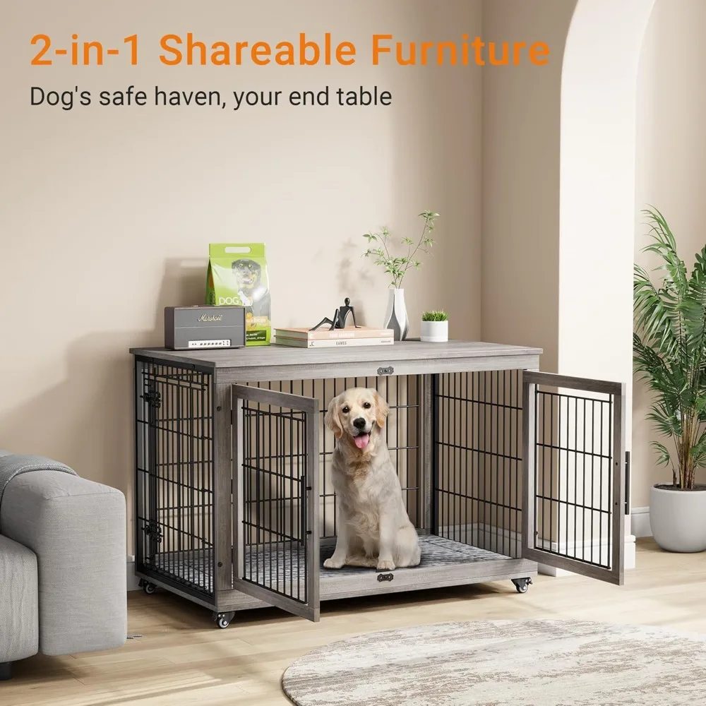 Dog Crate Furniture- XL Wooden Dog Kennel- Indoors- Double-Doors- 44'' Heavy-Duty Crate with Cushion & Wheels - Image 2